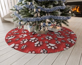 Paw Print Tree Skirt Red, Round Tree Skirt, Christmas Tree Skirt, Decor