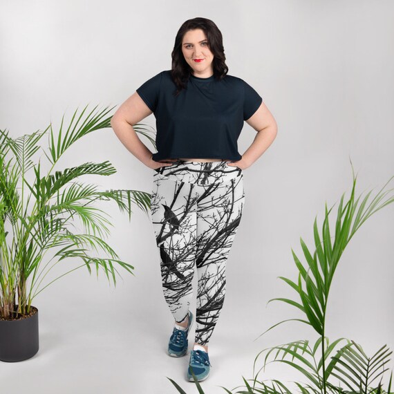 Black Birds Plus Size Leggings Designer White Leggings for Plus Sized Women - Dawn Mercer Designer Wear