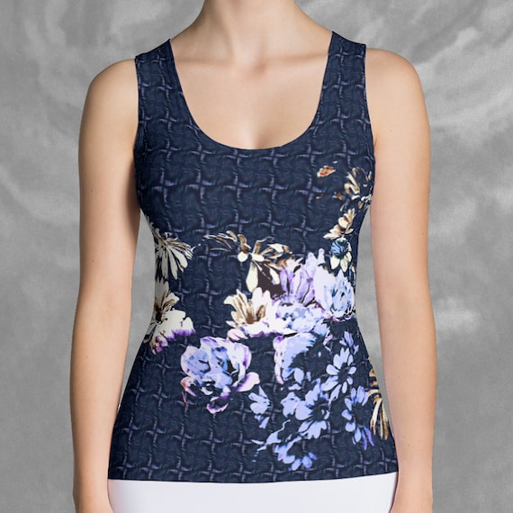 Floral Tank Top Blue Patterned, Tight Fitting Tank Tops, Athletic