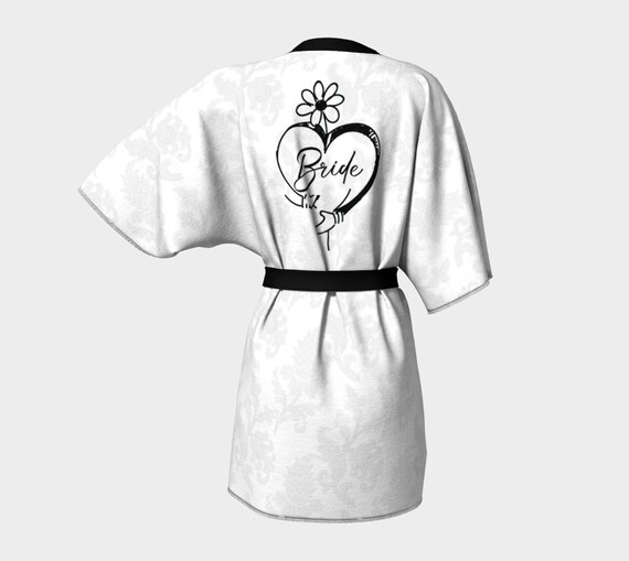 Boho Bride Kimono Robe, White Kimono For The Bride, Wedding Day Robe, Getting Ready Kimono with Black Floral Heart Bride Monogram Design