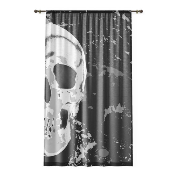 Window Curtain, Skull Curtain, Black White, Cool, Sheer Polyester, Rod Pocket, Size 50x84, Window Covering, Printed Black White Skull Print