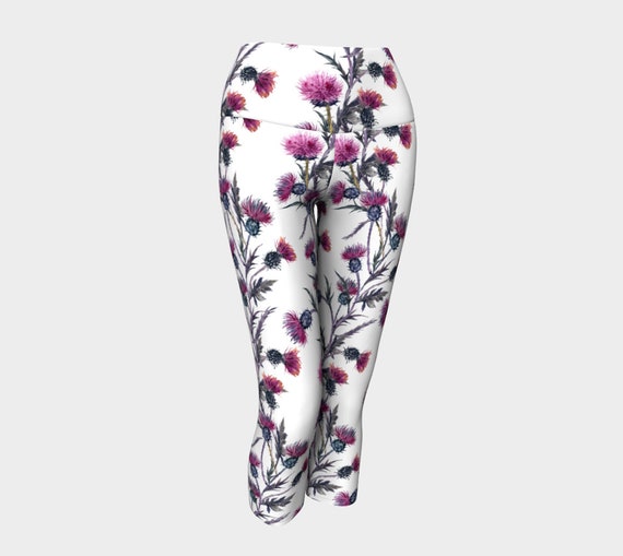 Botanical Yoga Capris Floral Capri Leggings, Designer Tights, Wearable Art Leggings, Capri Leggings - Dawn Mercer Designer Wear