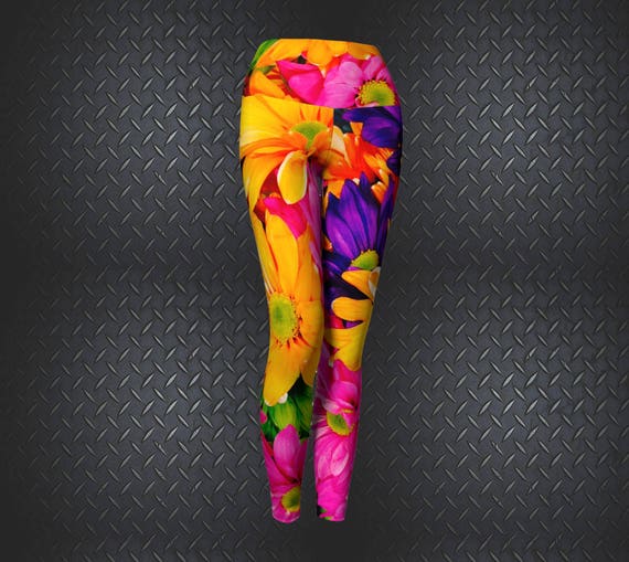 Leggings Tights Yoga Pants, Athletic Leggings Colourful Boho Flowers - Dawn Mercer Designer Wear