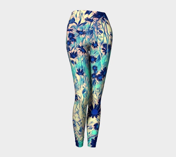 Womens Classic Leggings Floral Print Tights Blue Daisy Paradise Artwork Design | Artist Designed Custom Printed