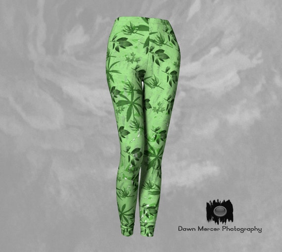 Leggings Tights Green Tights Leaf Print Leggings Vibrant Green Leaf Print - Dawn Mercer Designer Wear