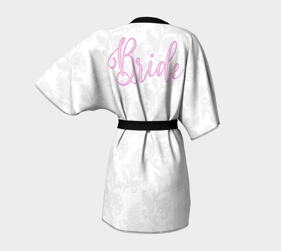Bride Kimono Robe, White Bridal Robe, Short Kimono Robe For Bride, Getting Ready Robe For Wedding Day, White Kimono with Pink Bride Monogram