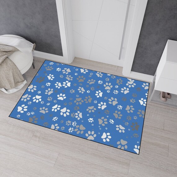 Heavy Duty Floor Mat, Dog Paws, Blue, Rectangle, Polyester, Non-slip rubber backing, Black trim, One sided print, Blue Paw Print Design