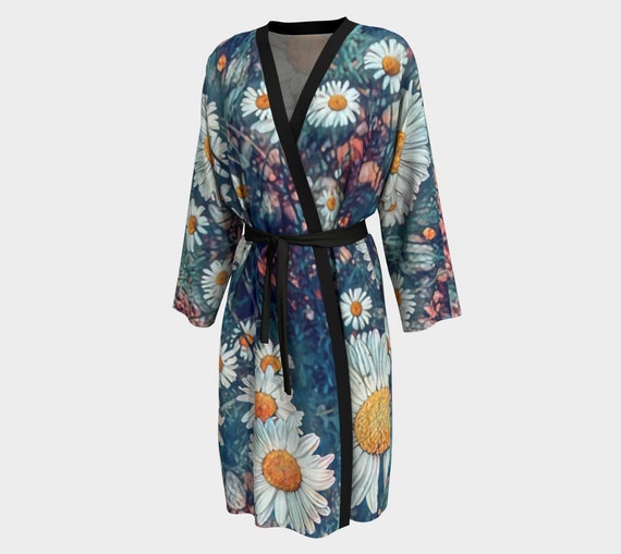Peignoir Robe Classy House Robe, Long Bathrobe, Floral Print Daisy Flowers Kimono Peignoir - Dawn Mercer Designer Wear