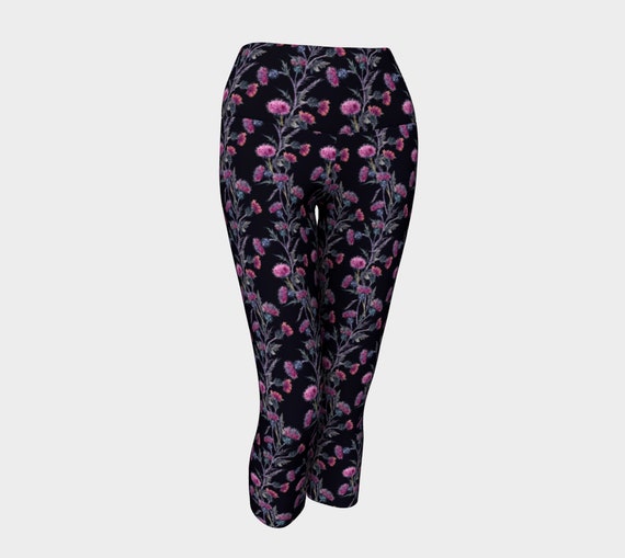 Floral Print Capris Pink Black Capri Leggings, Designer Tights, Wearable Art Leggings, Capri Leggings - Dawn Mercer Designer Wear