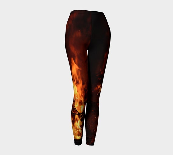 Flame Print leggings, Orange and Black Flame Tights For Women, Flame Artwork by Dawn Mercer Designer Wear