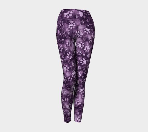 Leggings Tights Yoga Pants, Purple Leggings Printed Dog Paw Print - Dawn Mercer Designer Wear
