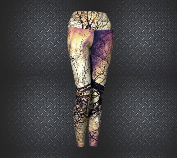 Leggings Tights Yoga Pants, Foldover Leggings Printed Tree Artwork - Dawn Mercer Designer Wear