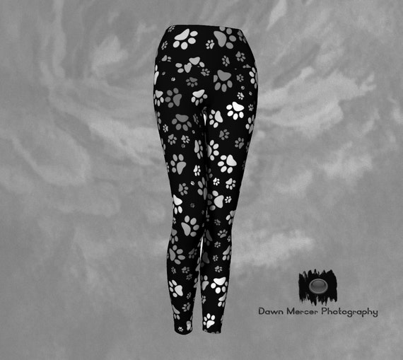 Yoga Tights Paw Print Leggings Workout Pants Black White Dog Paws Print - Dawn Mercer Designer Wear