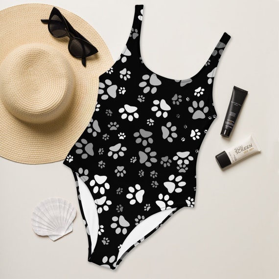 One-Piece Swimsuit Paw Print Swimsuit Womens One-Piece Swimsuit - Dog Paw Print - Black And White