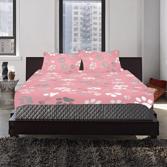 Dog Print Bed Set, Pink Paw Print Bedding, Duvet Cover, Pillow Cases, 3 Piece Set, Bedroom Set, Girls Room, Womens Bedroom, Pink Paw Print