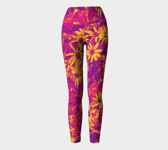 Leggings Tights Yoga Pants, Pink Leggings Funky Yellow Flowers - Dawn Mercer Designer Wear