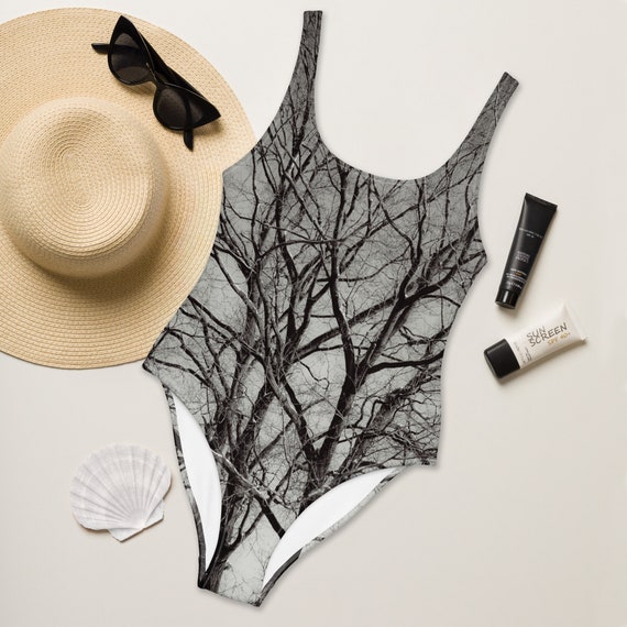 One Piece Swimsuit, Bathing Suit, Tree Print Swimsuit, Stretchy, Cheeky Fit, Chlorine Resistant