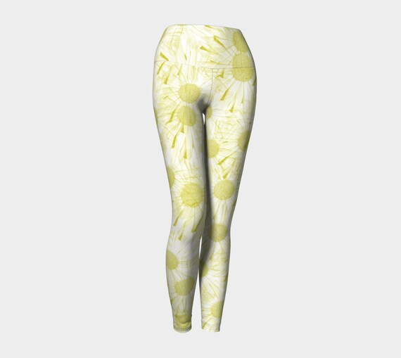 Yellow Daisy Leggings, Cute Floral Printed Workout Tights, Yellow Daisy Flowers by Dawn Mercer Designer Wear