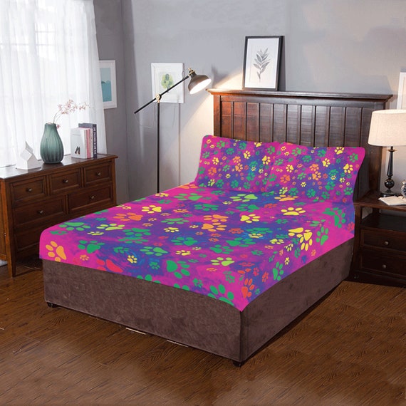 Paw Print Bed Set Rainbow Paw Print Bedding Set Duvet Cover Etsy