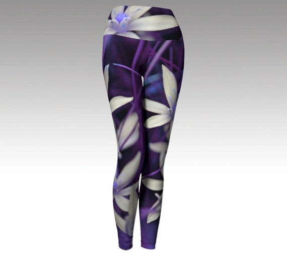 Foldover Yoga Pants, Purple Leggings, Nature Tights, Yoga Apparel, Wildflowers Art - Dawn Mercer Designer Wear