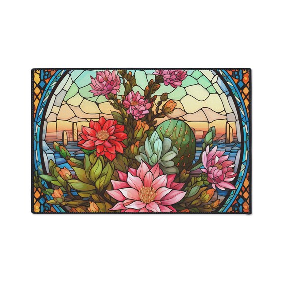 Heavy Duty Floor Mat Stained Glass Cactus Design