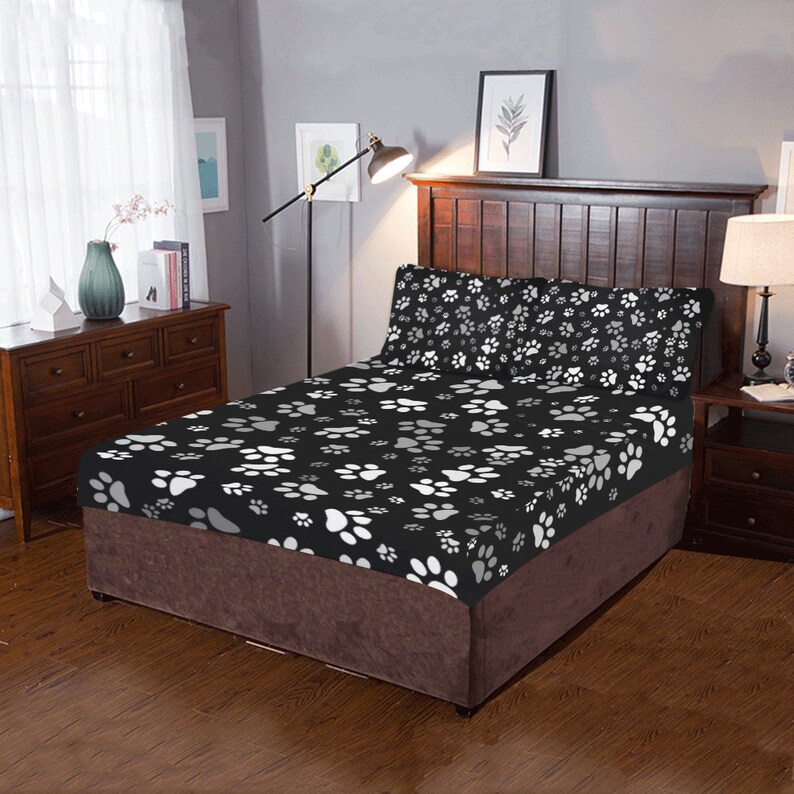 Paw Print Bed Set Black White Bedding Duvet Cover Pillow Cases Custom Printed Artist Designed