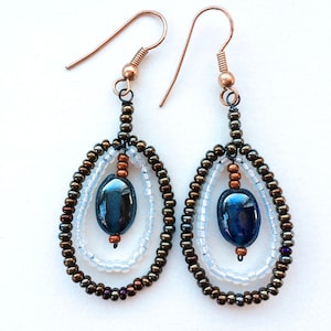 Blue Beaded Drop Dangle Earrings with White and Bronze Beaded Boho Hoops