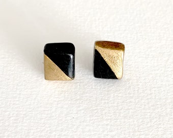 Minimalist Square Ear Studs Hand Sculptured in Polymer Clay Black Gold Silver Modernistic Stud Earrings