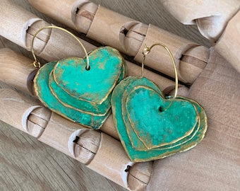 Shabby Chic Heart Earrings Made of Paper Mache With Gold Toned Hoops Light Weight Earrings Recycled Boho Jewelry