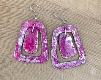 Purple Silver Shabby Chic Dangle Earrings Made of Paper Mache Light Weight Rustic Geometric Shapes with Ear Hooks
