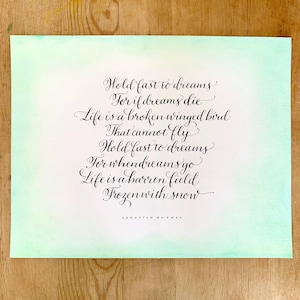 May include: A handwritten quote by Langston Hughes on a light blue and green watercolour background. The quote reads: "Hold fast to dreams For if dreams die Life is a broken winged bird That cannot fly Hold fast to dreams For when dreams go Life is a barren field Frozen with snow"