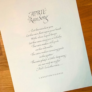 Original Calligraphy Poem by Langston Hughes April Rain Song Wall Art 12 x 16 Unframed Inspirational Poem
