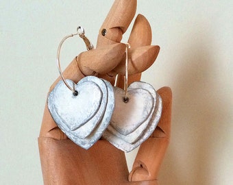 Paper Mache Heart Earrings in White and Silver with Rustic Patina Handmade Earrings Recycled Jewelry Hoop Earrings