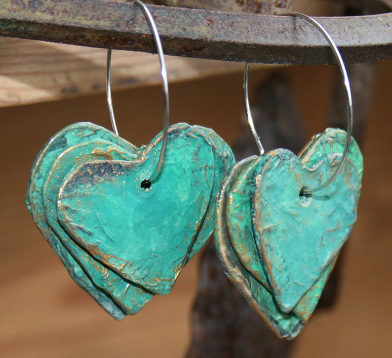 Paper Mache Heart Earrings 3 Hearts on a Hoop Handpainted
