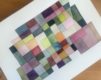 Original Watercolor Painting Abstract Art on Paper Retro Styled Wall Art Multicolored Geometric Color Blocks
