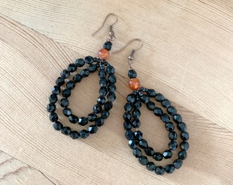 Large Black Beaded Double Hoop Earrings With Faceted Sparkling Glass Beads