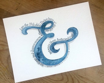 Original Watercolor Painting Ampersand Poem Lettering Art Rosemary Dobson Blue Letters Wall Art
