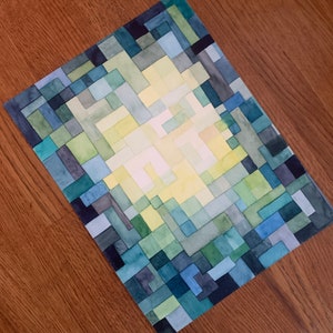Pittura ad acquerello originale Arte astratta blu verde giallo su carta Arte da parete in stile retrò Blocchi di colore geometrici multicolori
