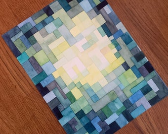 Original Watercolor Painting Blue Green Yellow Abstract Art on Paper Retro Styled Wall Art Multicolored Geometric Color Blocks