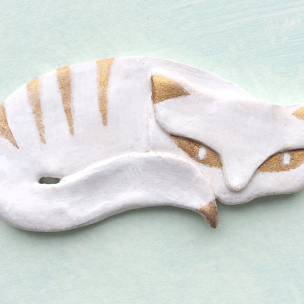 Cat Brooch Hand Sculptured in Polymer Clay White & Gold Cat Jewelry