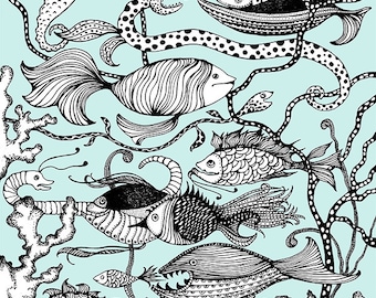 Blue Childrens Wall Art with Fishes and Sea Creatures Print of a Line Drawing