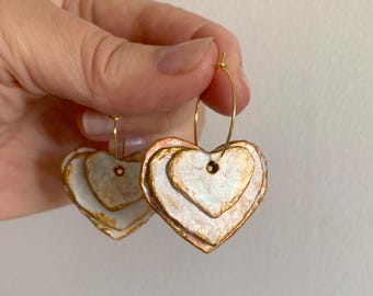 Papier Mache Hearts earrings, 3 rustic hearts on a hoop with copper / gold per patina, recycled handmade jewelry bohemian chic