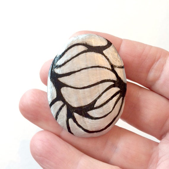 Oval Paper Clay Brooch Hand Sculptured and Hand Painted in Black Silver Abstract Modernistic Jewelry