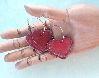 Red Papier Mache Earrings, 3 Hearts Hanging On A Hoop, Rustic Distressed Patina, Recycled Handmade Jewelry Bohemian Chic