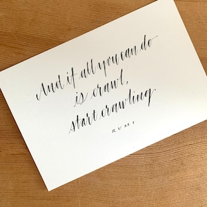Tarjeta manuscrita con cita de caligrafía de Rumi de 6 x 4 pulgadas, frase motivacional, refrán inspirador, texto cursivo en blanco y negro