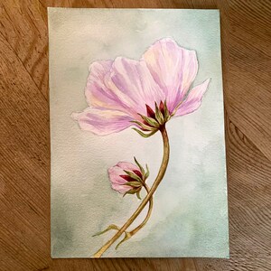 May include: Watercolour painting of a pale purple cosmos flower and a bud. The flower has delicate petals and a yellow centre. The stems are brown, and the background is a soft green. The artwork is on white paper.