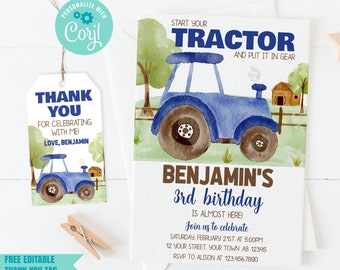 EDITABLE Farm Blue Tractor Boy Birthday Invitation Template, Barnyard Birthday Invite, Farm Tractor Thank you Tags, Blue Tractor Corjl Evite