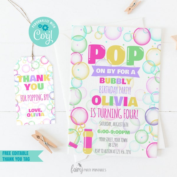 EDITABLE Bubble Birthday Invitation, Girl Bubble Birthday Editable Template, Girl Bubble Garden Party, Summer Bubble Party INSTANT DOWNLOAD