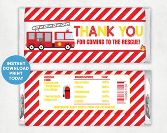 Printable Fire Engine Birthday Thank you Candy Bar Labels, Fire Truck Chocolate Bar Wrapper, Fire Station Thank you Favors INSTANT DOWNLOAD