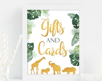 Printable Gold Safari Animals Gift Table Sign, Gold Jungle Animals Baby Shower Decoration, Tropical Shower Gifts Cards Sign INSTANT DOWNLOAD